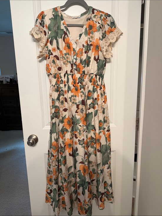 Baltic Born Dresses & Skirts - Baltic Born Cream Floral Midi Dress with Orange & Green Flowers